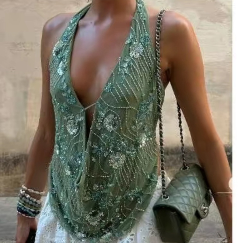 Green Beaded sequin Halter Top